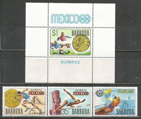 Барбуда. Олимпиада Мехико'68. 1968г. Mi#28-30+Бл1.