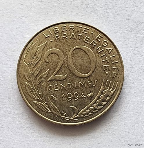 Франция 20 сантимов, 1994 Отметка монетного двора: "Пчела" справа от года