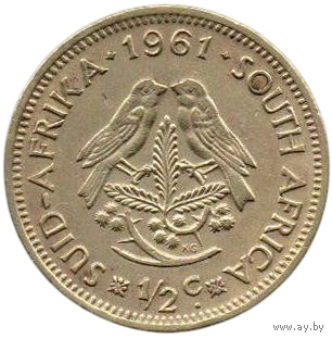 РЕСПУБЛИКА ЮЖНАЯ АФРИКА. ЮАР. 1/2 ЦЕНТА 1961. ФАУНА. ПТИЦЫ.