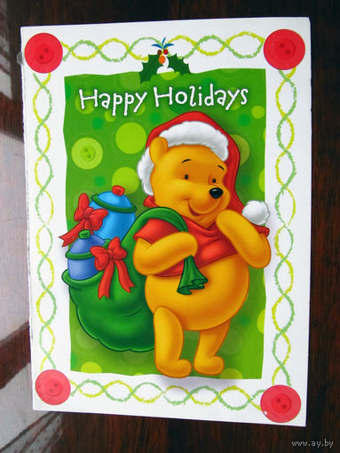 С005-3015 Открытка Happy Holidays Винни-Пух Двойная с обрезанной частью США Конец 1990-х – начало 2000-х