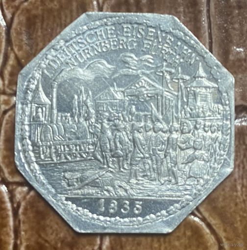 Германия Нюрнберг нотгельд 20 пфеннигов 1919 год. Первый паровоз Адлер, запущенный в 1835 году. трамвайный жетон