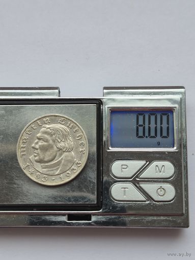 2 марки 1933 года. Германия,450 лет со дня рождения Мартина Лютера. Нацистская Германия (1933 - 1945). Серебро 625. Монета не чищена. В2 45637.