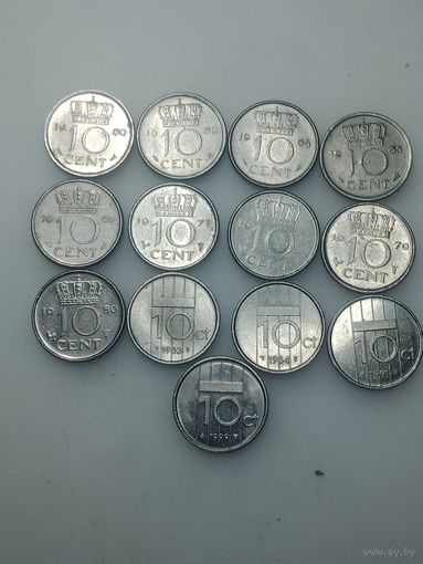 Нидерланды 10 центов 1960-1999 года , 13 монет . Без повторов .