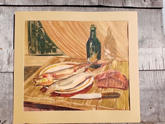 С рубля без мц. картина "натюрморт  с рыбой" , 1978г. Напреенко, 55х53см. акварель бумага