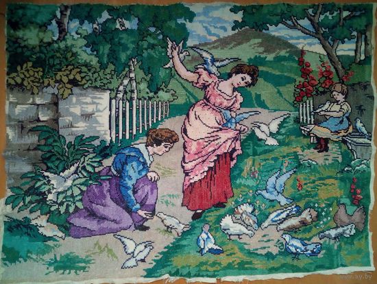 Старинная большая вышитая картина 47 х 65 см