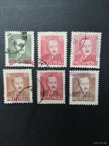 Польша 1950 Неполная серия марок с надпечаткой "GROSZY" 1950 года Mi.547-549,552-554 "Президент Болеслав Берут" (гашение без клея, следы наклеек) Mi.650-652,655-657 каталог 28.00 евро