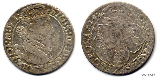 6 грошей (шостак) 1624, Сигизмунд III Ваза, Краков. Рв - 'Z' в дате вместо цифры '2'. Патина, хорошее состояние