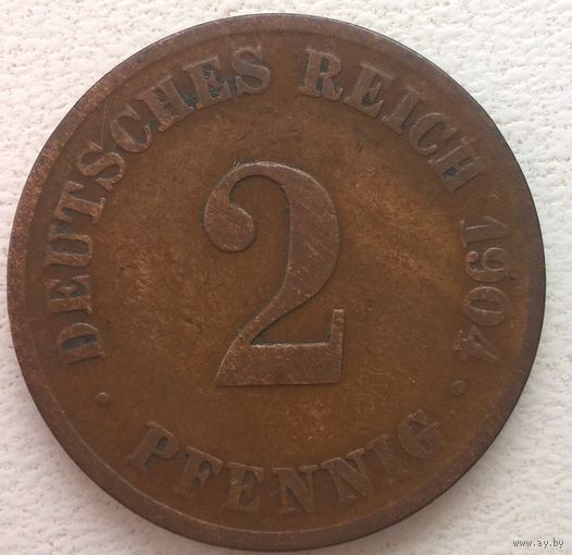 Германская империя. 2 пфеннига 1904"J" редкая. тираж 44 000шт. (D-86)