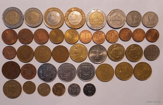Монеты Турции, Тайланда, Германии, Франции, ОАЭ, Израиля, Португалии, Украины. 42 штуки одним лотом. Без минимальной цены.
