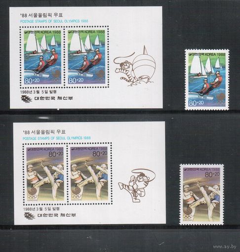 Корея Южная-1988,(Мих.1551-1552,Бл.542-544) **, Спорт, ОИ-1988 в Сеуле, (полная серия)