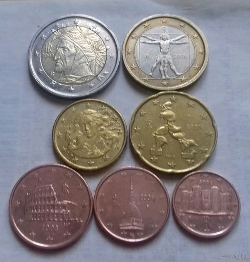 Набор евро монет Италия 2008 г. (1, 2, 5, 10, 20 евроцентов, 1, 2 евро)