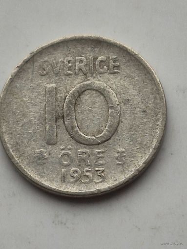 10 эре 1953 года Швеция. Серебро 400. Монета не чищена. 45226