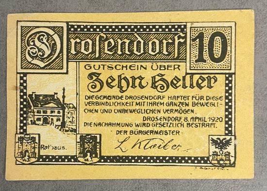 Геллеров Нотгельд Австрия Дрозендорф, 10 геллеров 1920 год