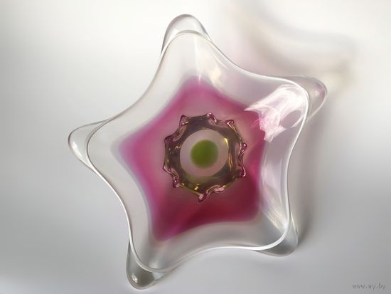 Ваза для фруктов цветное стекло Чехия винтаж 34см