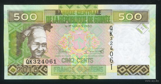 Гвинея 500 франков 2015. P47a. Серия QG. UNC