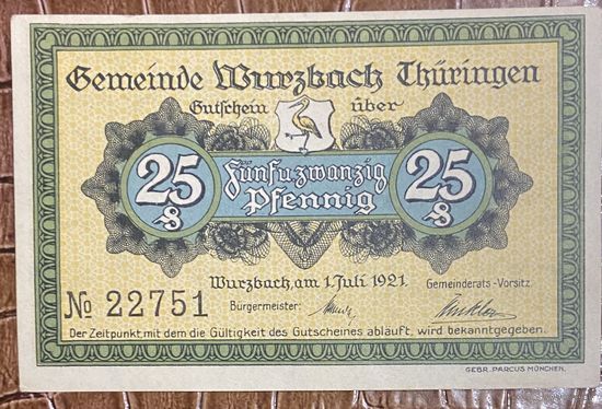 Нотгельд 25 пфеннигов 1921 год. Вюрцбах. Веймарская республика