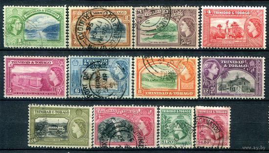 Британские колонии - Тринидад и Тобаго - 1953/55г. - ландшафты, коронация королевы Елизаветы II - 12 марок - полная серия, гашёные, номинал 4 с MNH, номинал 5 с чистый, без клея [Mi 155-166]. #4-B5-136-A-1