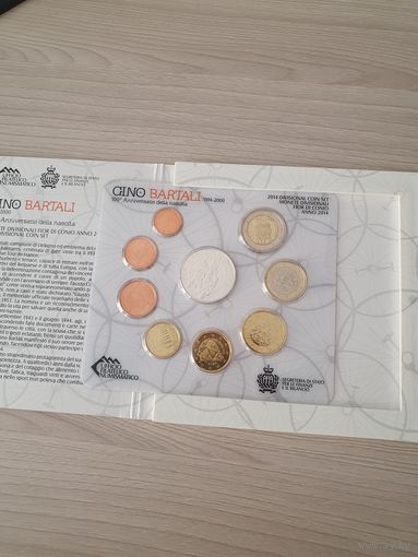 Сан-Марино 2014 год. 1, 2, 5, 10, 20, 50 евроцентов, 1, 2 и 5 Евро. Официальный набор монет в буклете с серебром