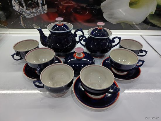 С 1 рубля!!! Сервиз антикварный/винтажный чайный, фарфор, крытье кобальтом, Ленинградский фарфоровый завод ЛФЗ, СССР. Нет тарелочки под масленицу и 1 тарелка, трещина.