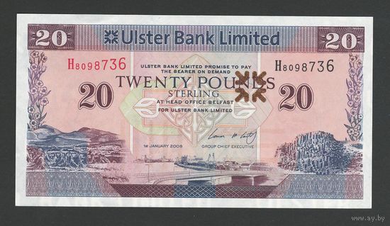 Северная Ирландия 20 фунтов 2008 года. Ulster Bank. Тип Р-342. Состояние UNC!