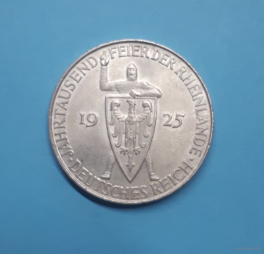 Германия. 5 рейхсмарок. 1925 год. Веймар. Тысячелетие Рейнланда. Серебро