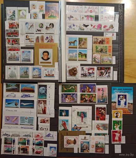 Марки КНДР 1987 года, абонемент, неполный годовой комплект чистых художественных марок, блоков, сцепок и МЛ на тему фауна, флот, авиация, поезда, каталог Mi 167,3 евро