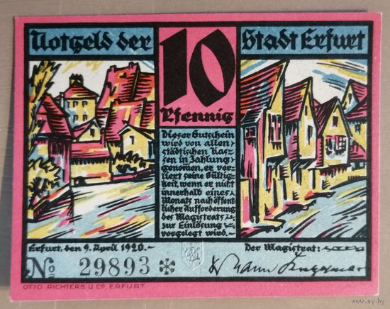 Германия, нотгельды, 10 пфеннигов 1921 год, Эрфурт (Erfurt), 344.6 (каталог FOX NOTES)