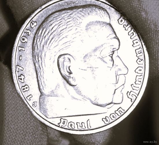 5 марок 1935, Гинденбург (Гамбург, тираж меньше), серебро, отличная! в коллекцию!