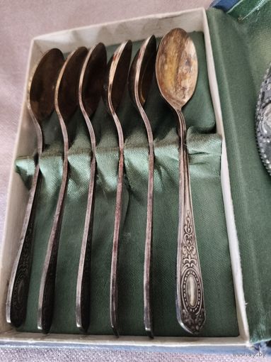 Ложки чайные мельхиор в серебре и с позолотой, 6 шт. винтаж в оригинальной упаковке