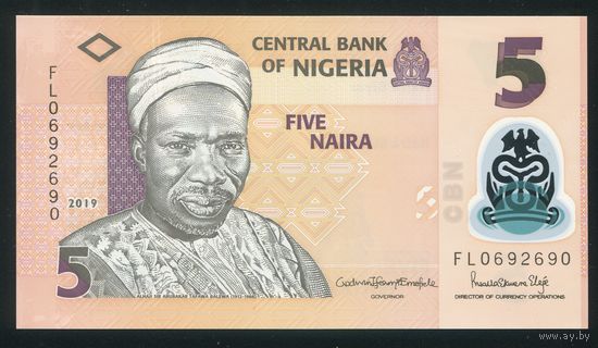 Нигерия 5 найра 2019 г. P38j. Серия FL. Полимер. UNC