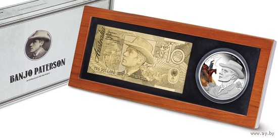 RARE Австралия  8 долларов 2014г. "150 летие Эндрю Бартон Патерсон". Монета в капсуле; деревянном подарочном футляре; номерной сертификат; коробка. СЕРЕБРО 155,673гр.(5 oz).