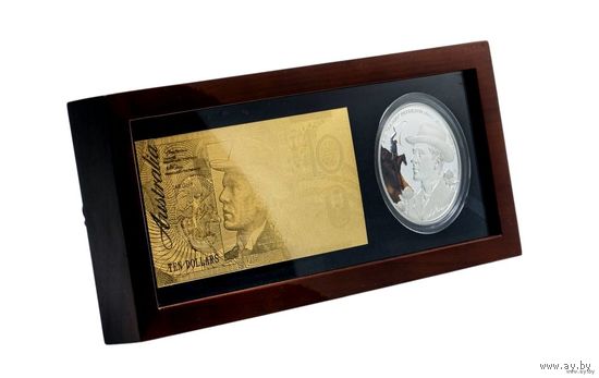 RARE Австралия  8 долларов 2014г. "150 летие Эндрю Бартон Патерсон". Монета в капсуле; деревянном подарочном футляре; номерной сертификат; коробка. СЕРЕБРО 155,673гр.(5 oz).