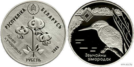 Обыкновенный зимородок. Заказник Липичанская пуща, 1 рубль 2008, Медно-никель