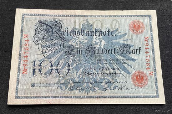 100 марок 1908 год / Германская империя банкнота тип 1883 года Blauer Hunderter / номер семь знаков, красная печать (2)
