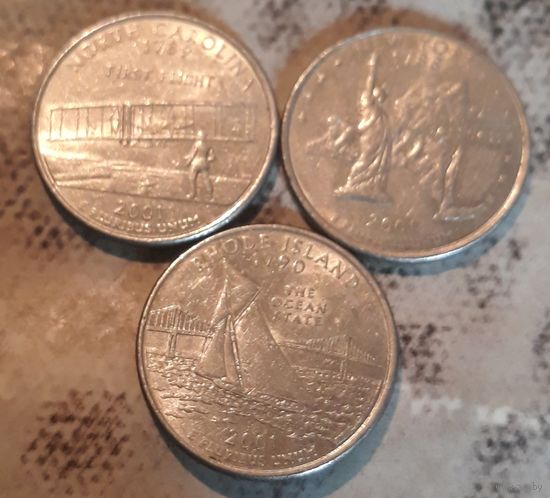25 центов (квотер) 2001 США Нью- Йорк. С. Каролина. Род Айленд