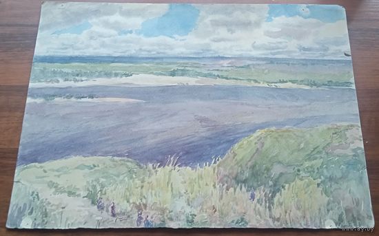 Картина акварель пейзаж 1960 река СССР