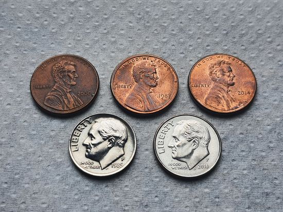 Лот монет 1 цент и 1 dime (5 шт.)