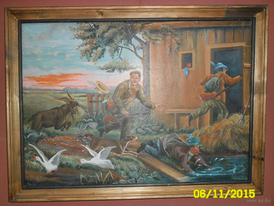 Старая, довоенная, картина маслом "Охотнички..." в раме.