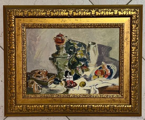 Казак О.И "У самовара", 1971г. Картон, масло. Размер 30х21.5 см.