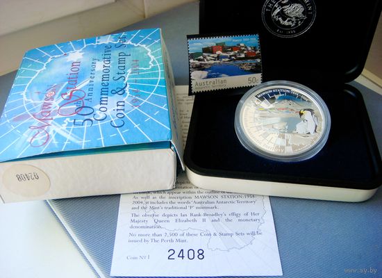 1 доллар 2004 Австралия. Австралийские антарктические территории. Станция MAWSON 1954-2004. Юбилей Пингвины Серебро 999
