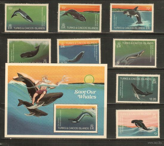 Тёркс и Кайкос-1983(Мих.634-641,БЛ.44) , **  ,  Морская  Фауна ,Киты(полная серия)