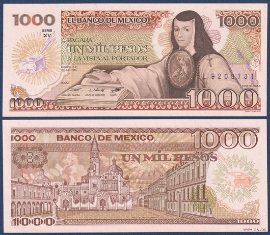Мексика, 1000 песо 1985 г., P-85 (XV, поэтесса Хуана Инес де ла Крус), UNC