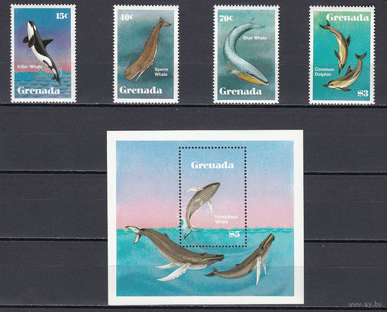 Фауна. Киты. Гренада. 1982. 4 марки и 1 блок. Michel N 1197-1200, бл112 (26,0 е)