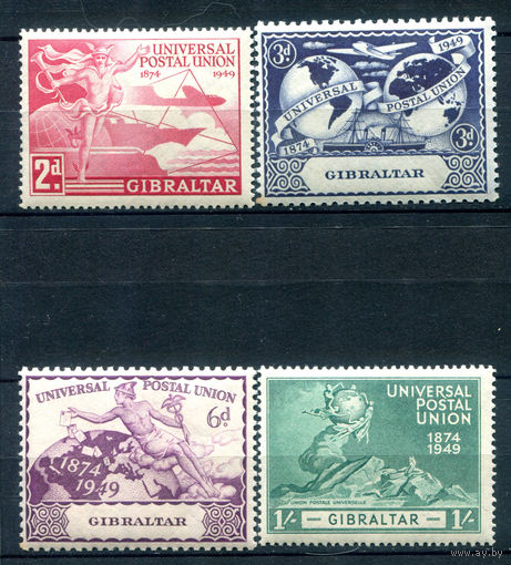 Британские колонии - Гибралтар - 1949г. - 75 лет Всемирному почтовому союзу - 4 марки - полная серия, MNH, 2 марки с маленьким жёлтым пятнышку на зубчике перфорации [Mi 125-128]. #2-Bc-40-A-1