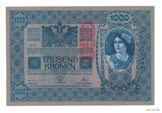 Австро-Венгрия 1000 крон образца 1902 года. Красная вертикальная надпечатка. Состояние аUNC!