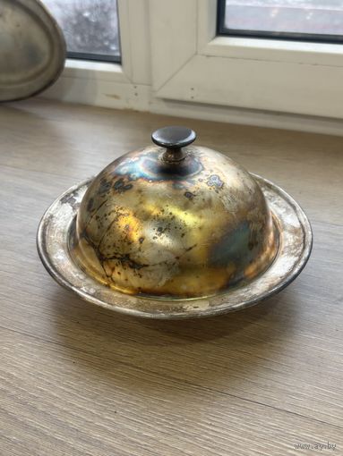 Масленка СССР. Блюдо с крышкой. Мельхиор МНЦ Кольчугино клеймо