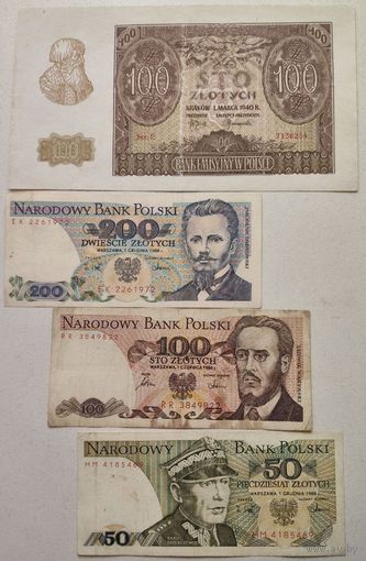 100 злотых 1940г + 200 злотых 1988г + 100 злотых 1986г + 50 злотых 1988г (распродажа коллекции).