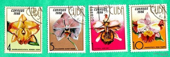 Марки-Куба-1986- Орхидеи-Каттлея Hardyana-Brassolaeliocattleya-фаленопсис-Laeliocattleya.