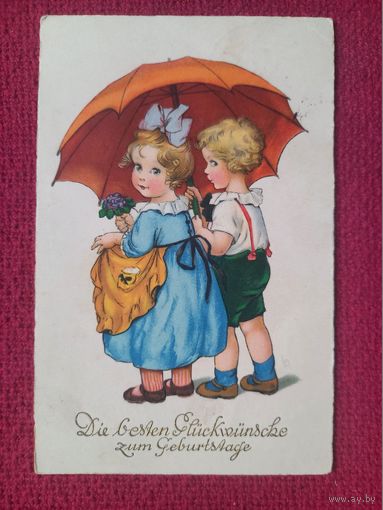 Поздравительная открытка. Германия. Девочка, Мальчик под зонтиком.