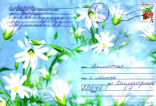 2005. Конверт, прошедший почту "Цветы-6" (200х130 мм)